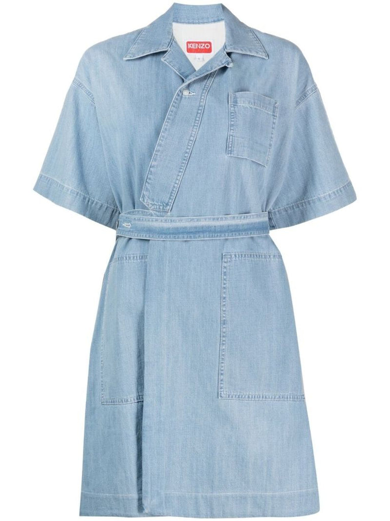 Blue Tied-waist Denim Wrap Dress