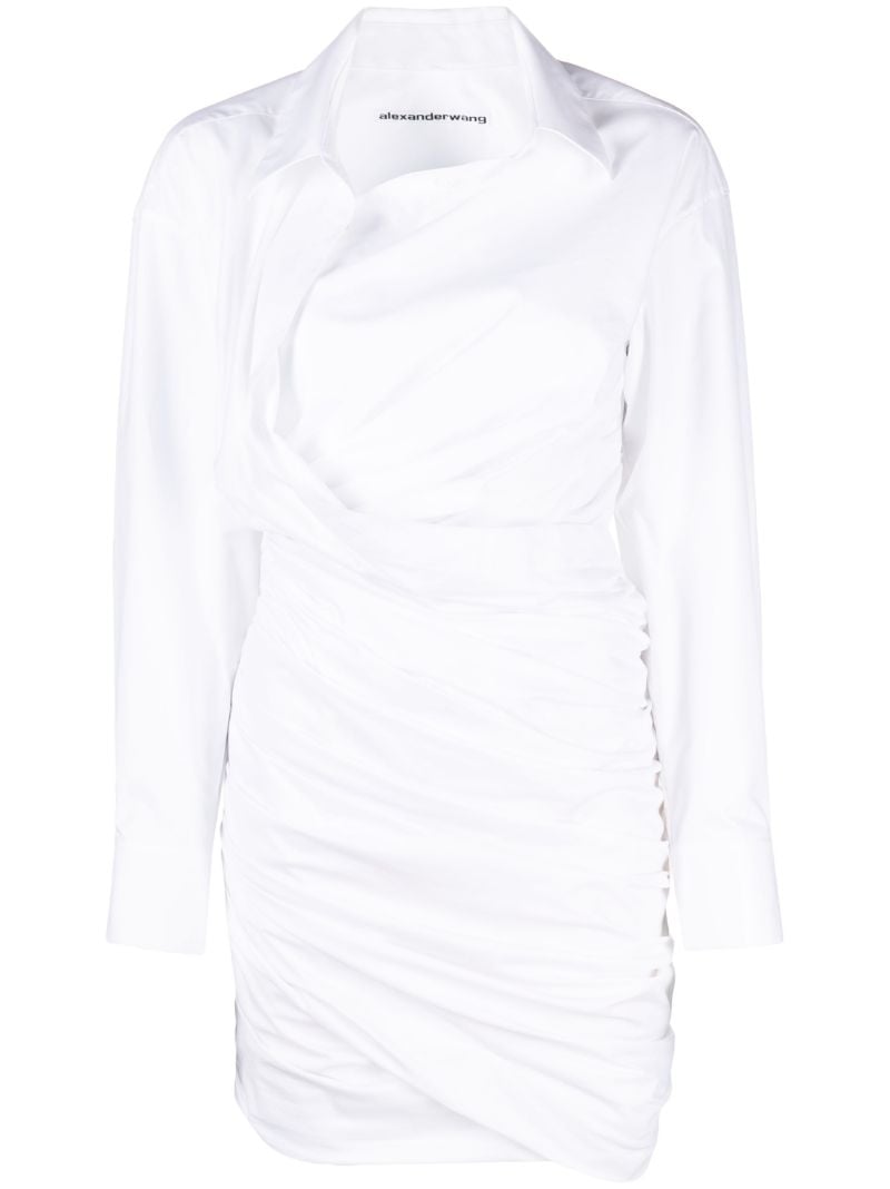 White Draped Cotton Shirt Dress