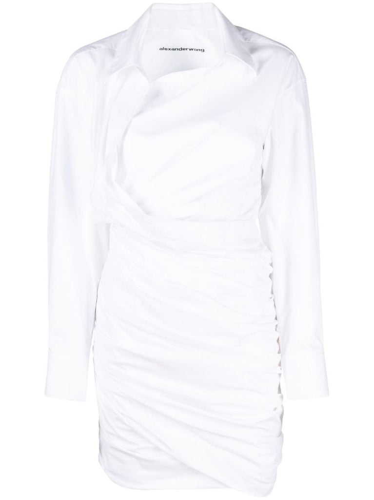 White Draped Cotton Shirt Dress