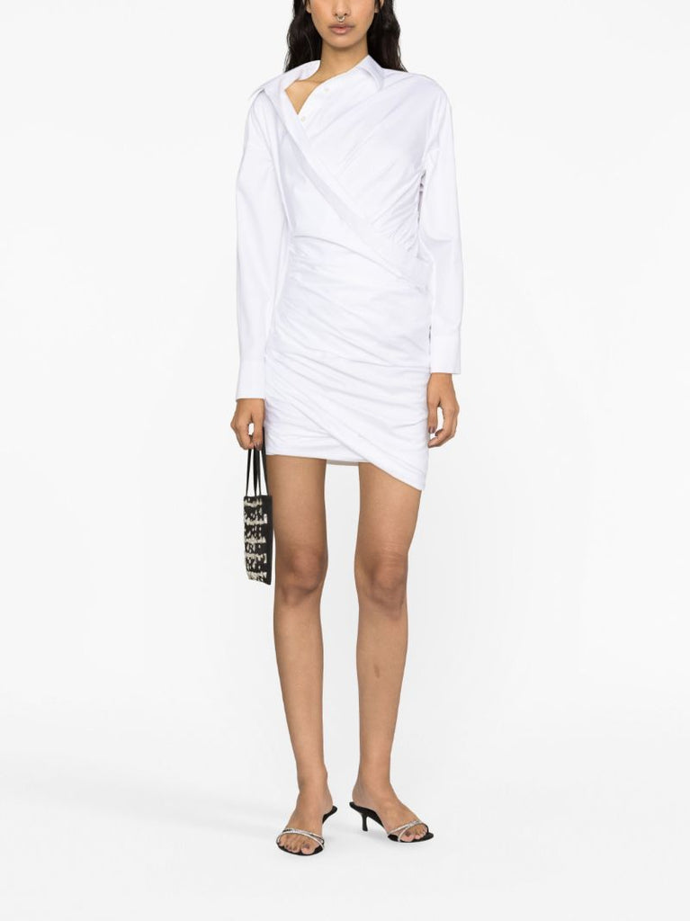 White Draped Cotton Shirt Dress