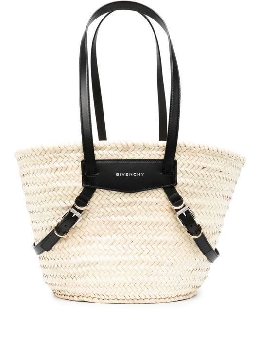 Neutral Voyou Medium Raffia Tote Bag