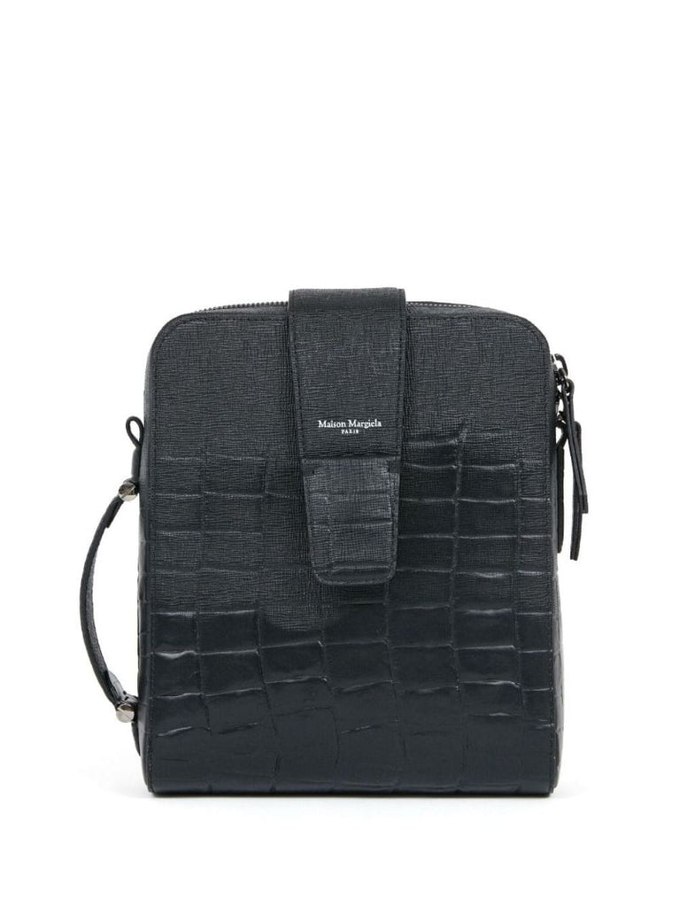 Black Crocodile Effect Leather Shoulder Bag