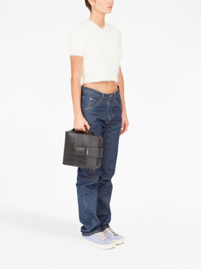 Black Crocodile Effect Leather Shoulder Bag