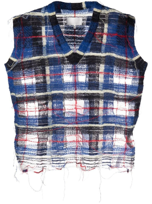 Blue Plaid Distressed Sleeveless Top