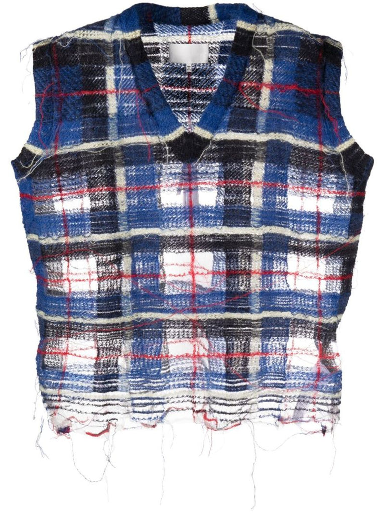 Blue Plaid Distressed Sleeveless Top