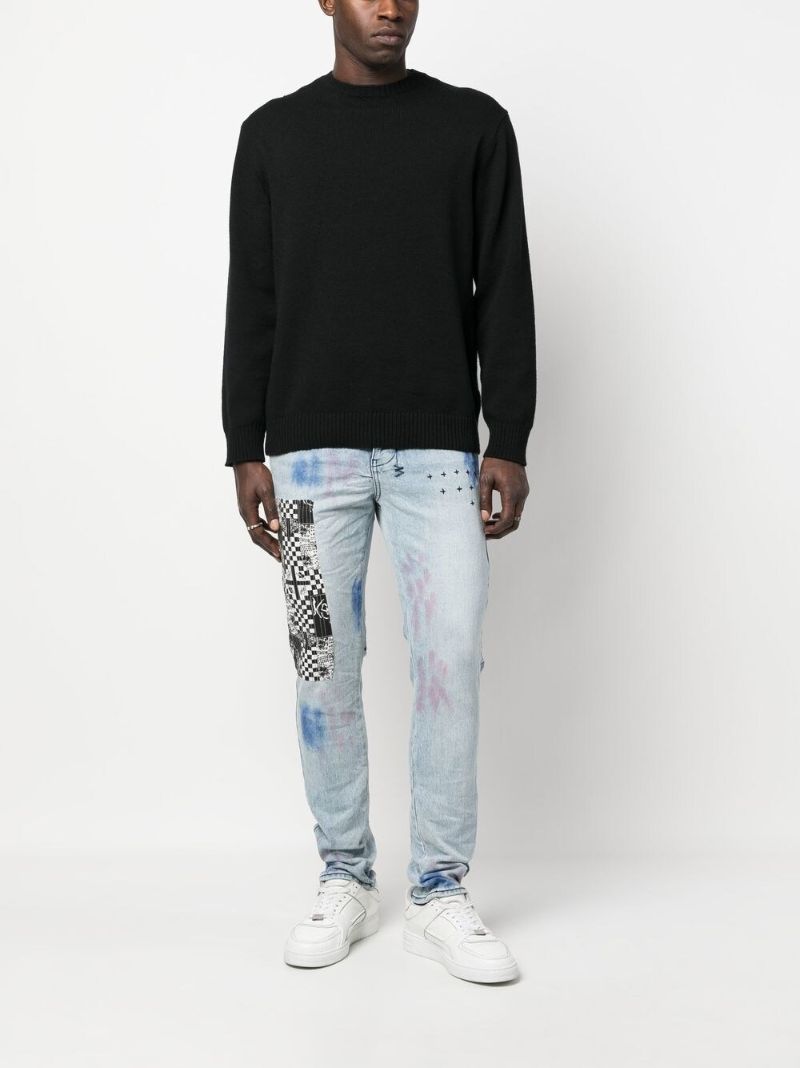 Blue Patchwork Slim-fit Jeans