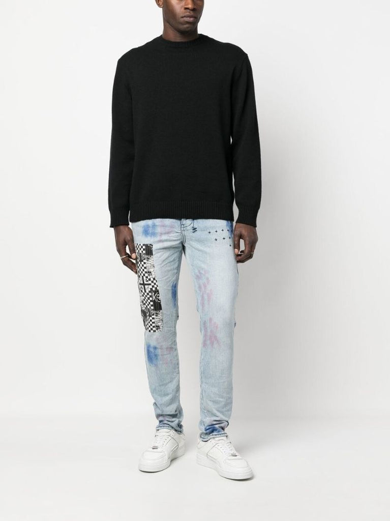 Blue Patchwork Slim-fit Jeans