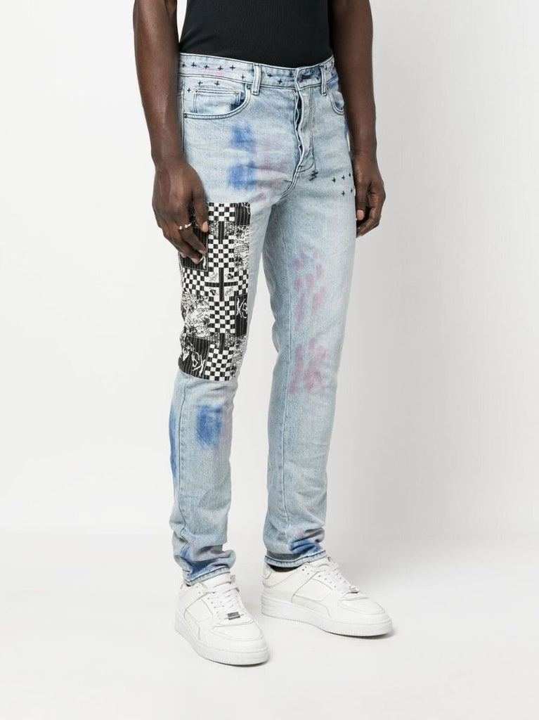 Blue Patchwork Slim-fit Jeans