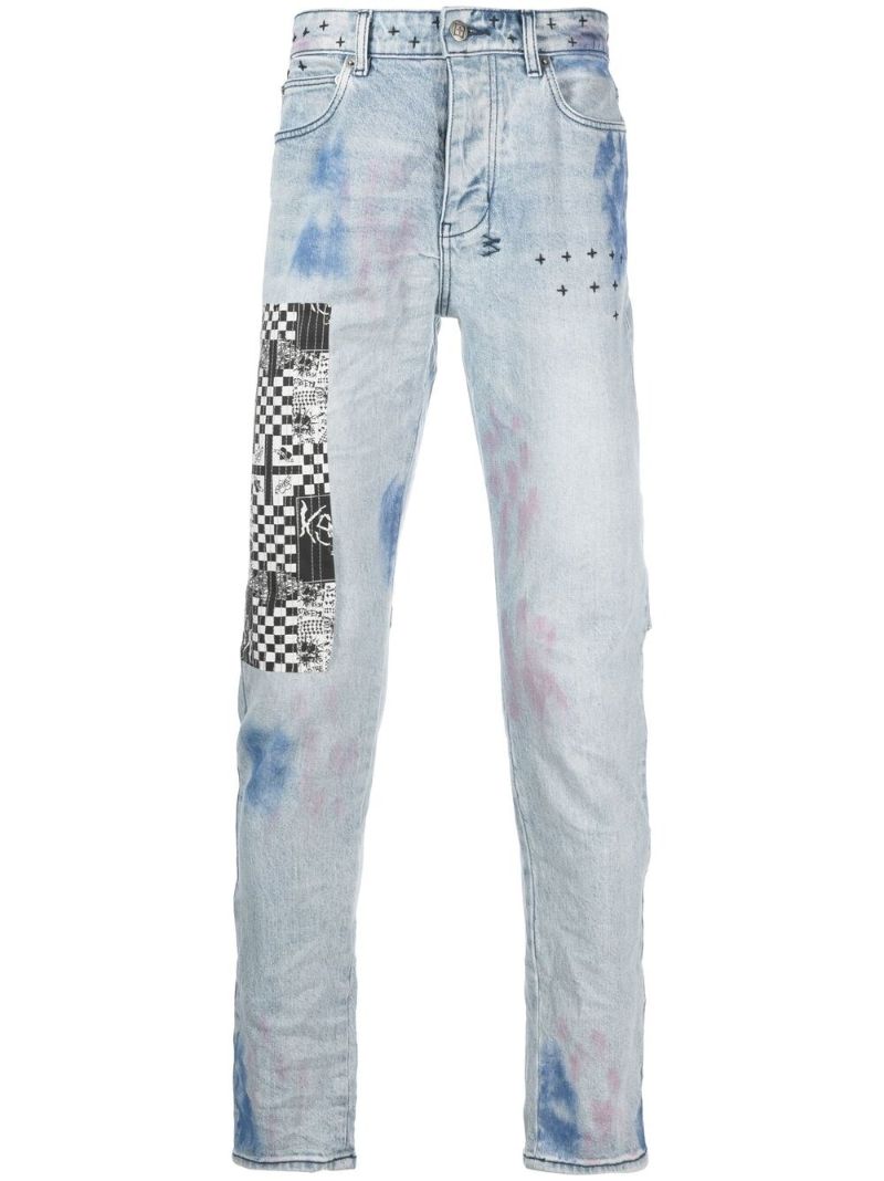 Blue Patchwork Slim-fit Jeans