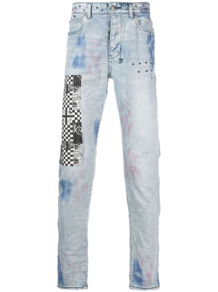 Blue Patchwork Slim-fit Jeans