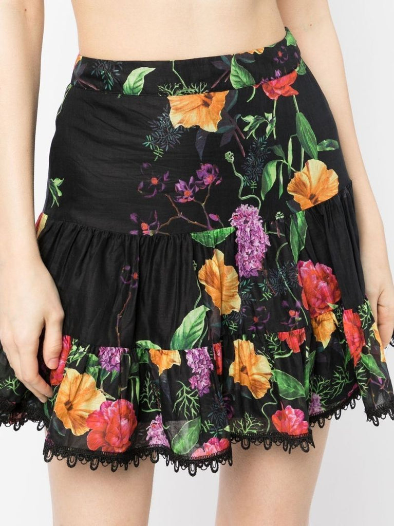Black Floral Print Cotton Mini Skirt