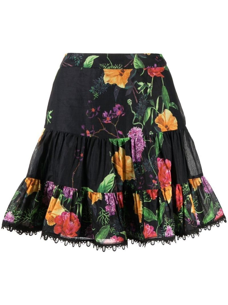 Black Floral Print Cotton Mini Skirt
