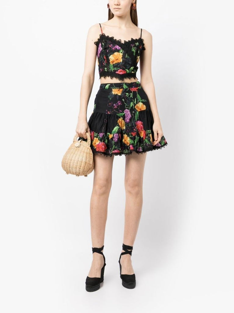Black Floral Print Cotton Mini Skirt