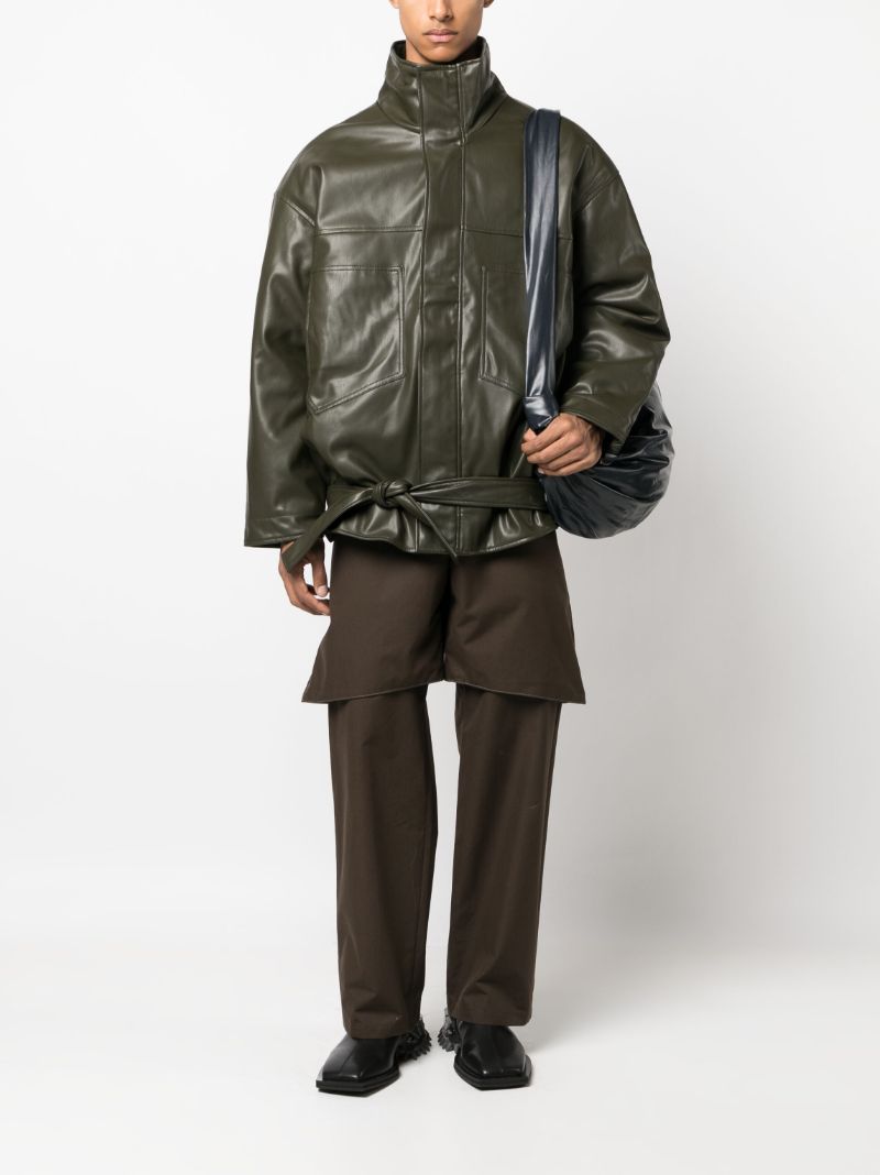 Green Tie-waist Faux-leather Jacket