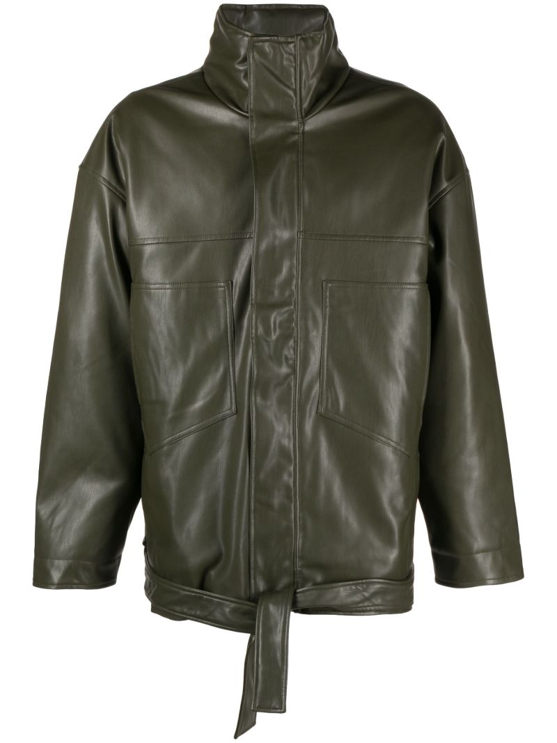 Green Tie-waist Faux-leather Jacket