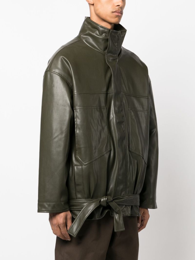 Green Tie-waist Faux-leather Jacket