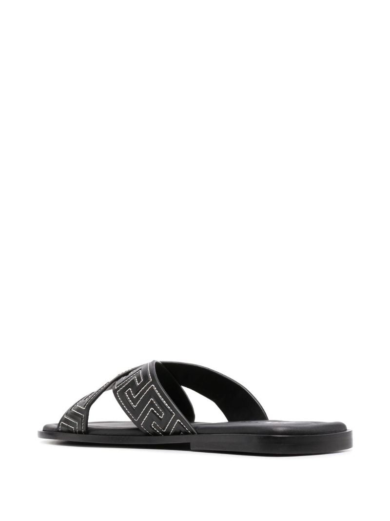 Black Greca Leather Slides