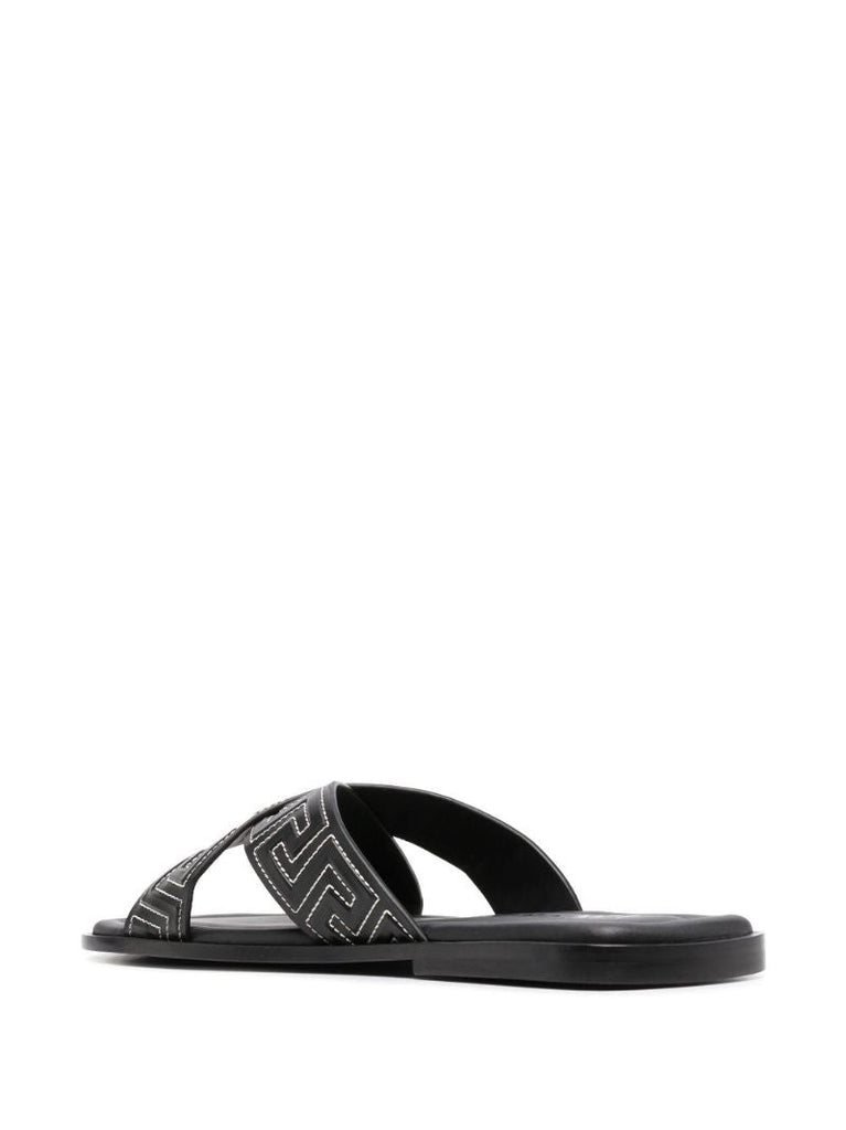 Black Greca Leather Slides