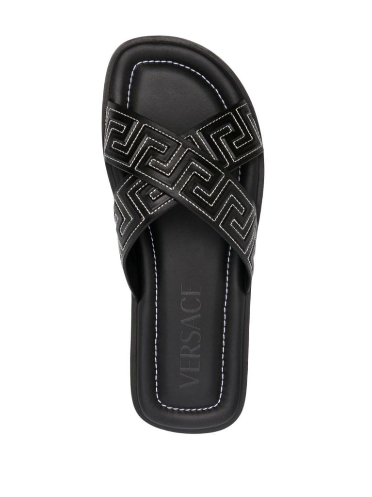 Black Greca Leather Slides