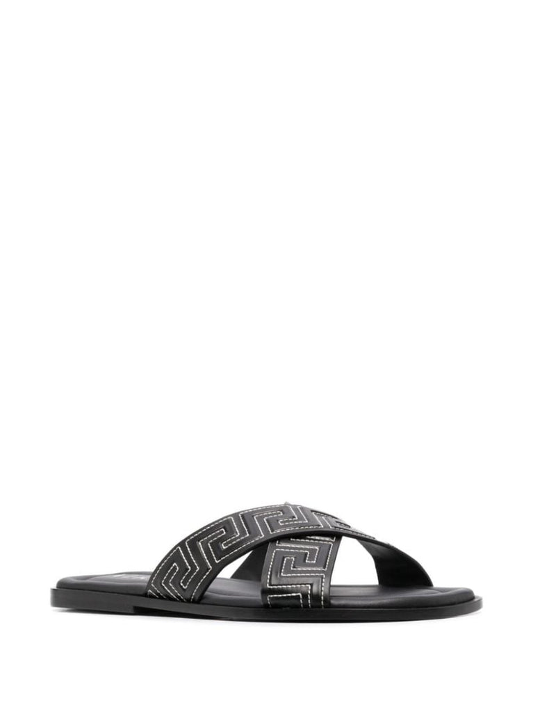 Black Greca Leather Slides