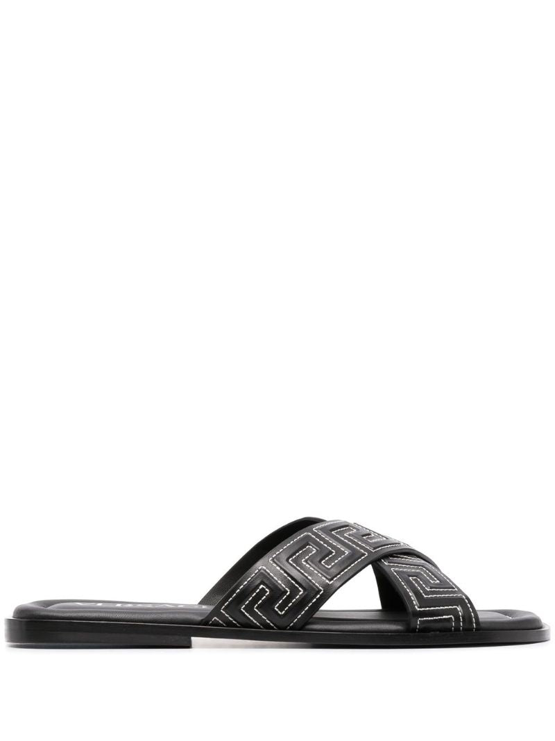 Black Greca Leather Slides