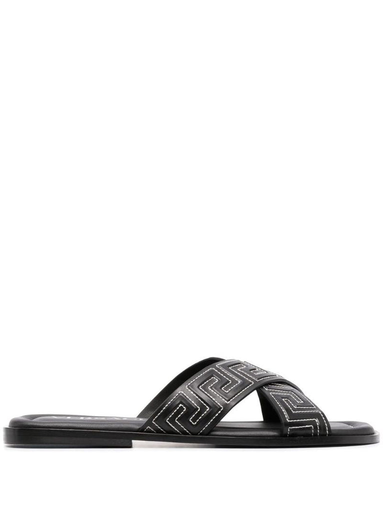 Black Greca Leather Slides