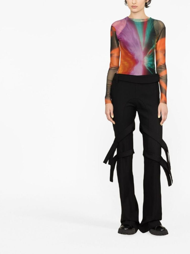 Black Strap-detail Flared Trousers