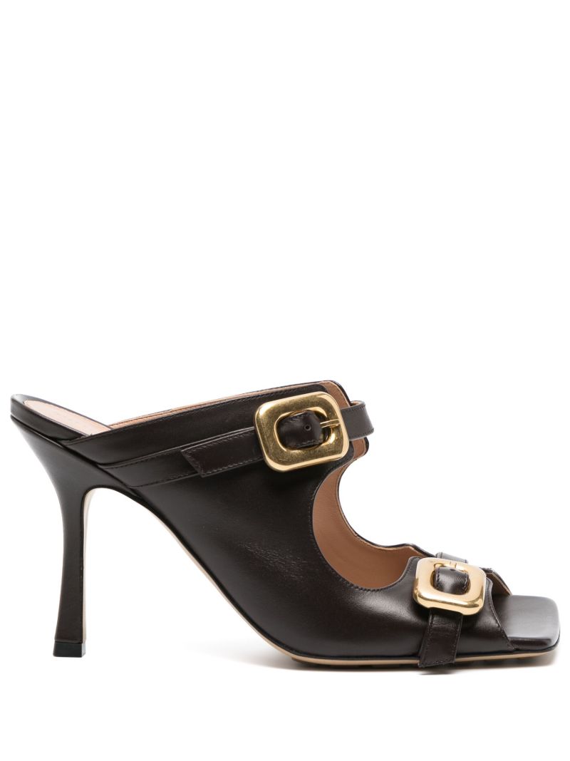 Brown Stretch Buckle 90 Leather Mules