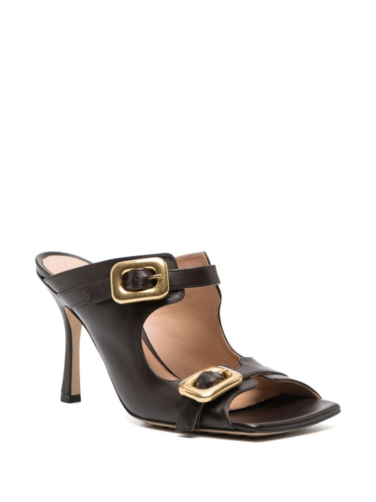 Brown Stretch Buckle 90 Leather Mules