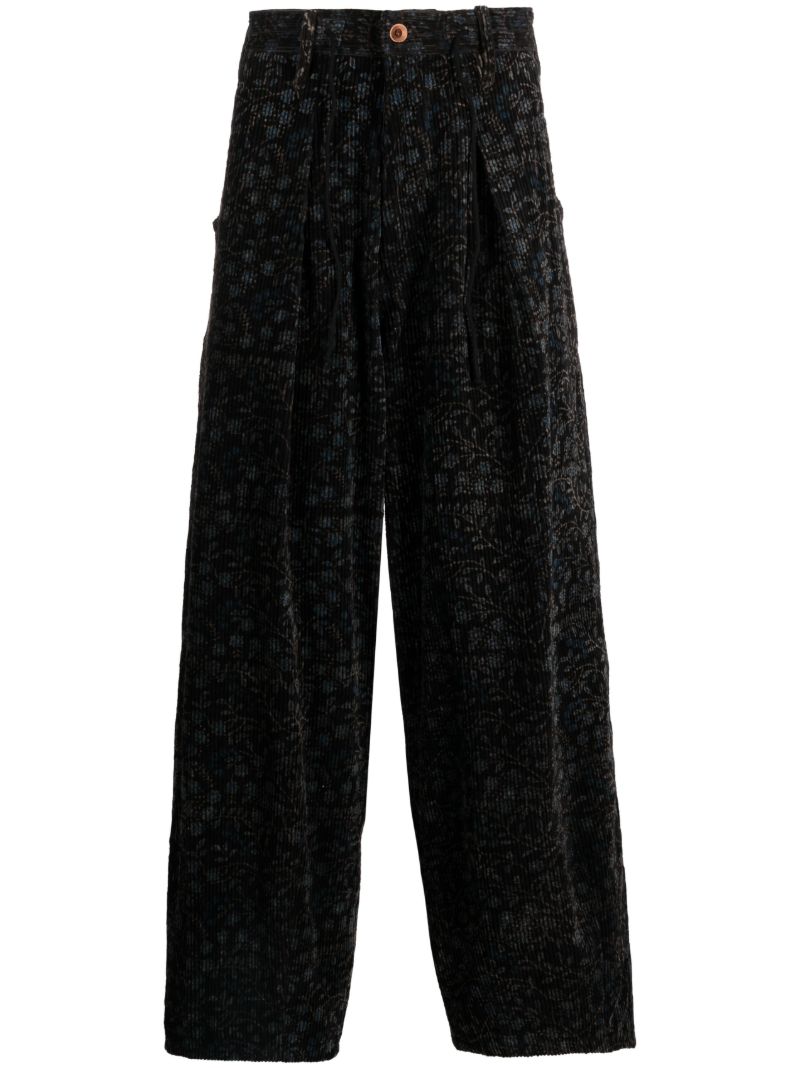 Black Lush Floral-print Corduroy Trousers