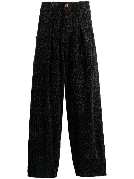 Black Lush Floral-print Corduroy Trousers