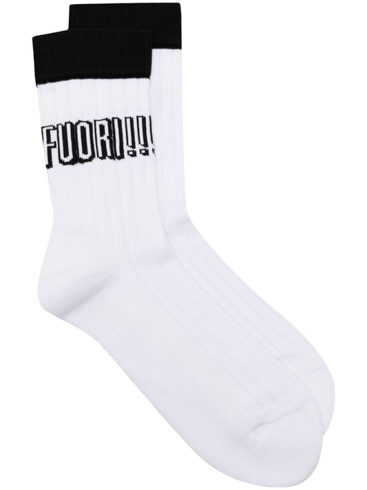 White Intarsia Knit Logo Socks