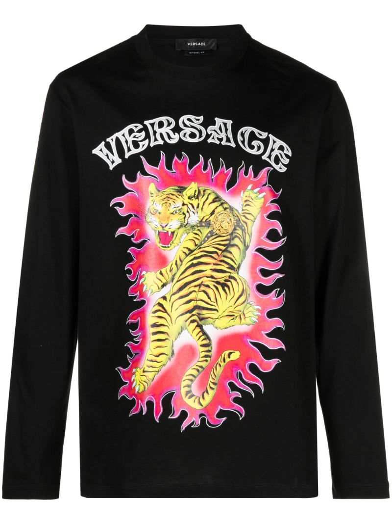 Black Tiger-print Long-sleeve Cotton T-shirt