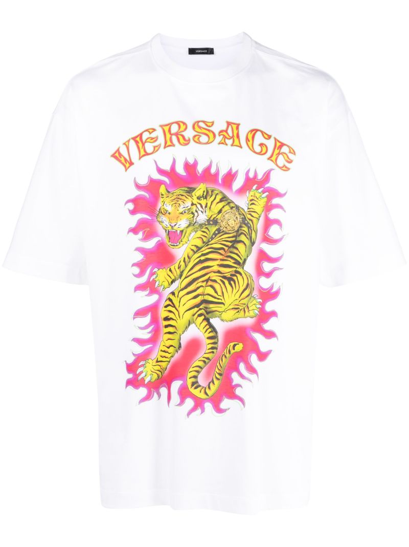 White Tiger Print Cotton T-shirt