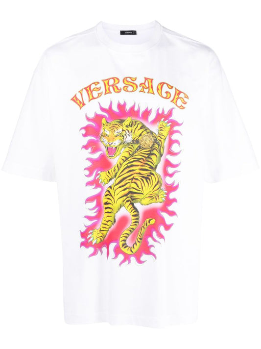 White Tiger Print Cotton T-shirt