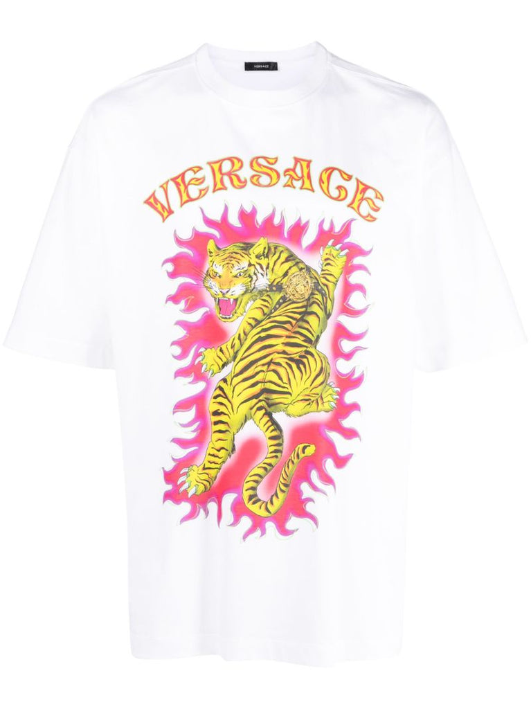 White Tiger Print Cotton T-shirt
