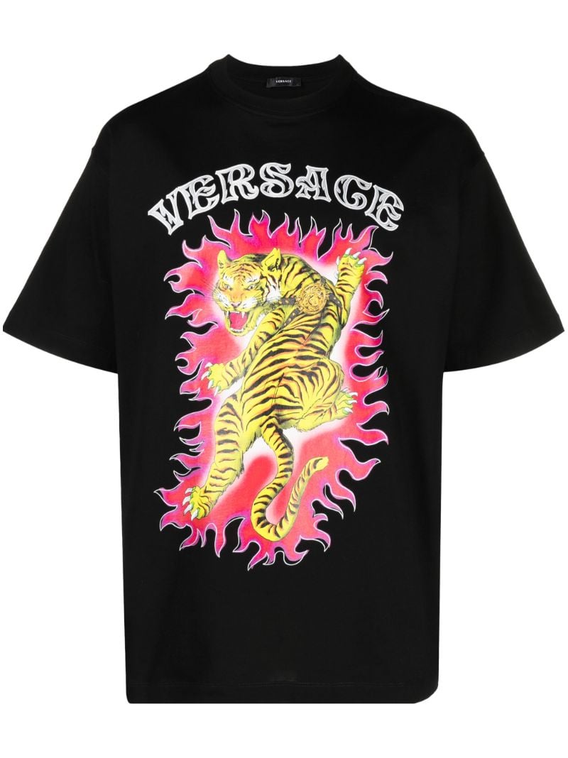 Black Tiger Print Cotton T-shirt