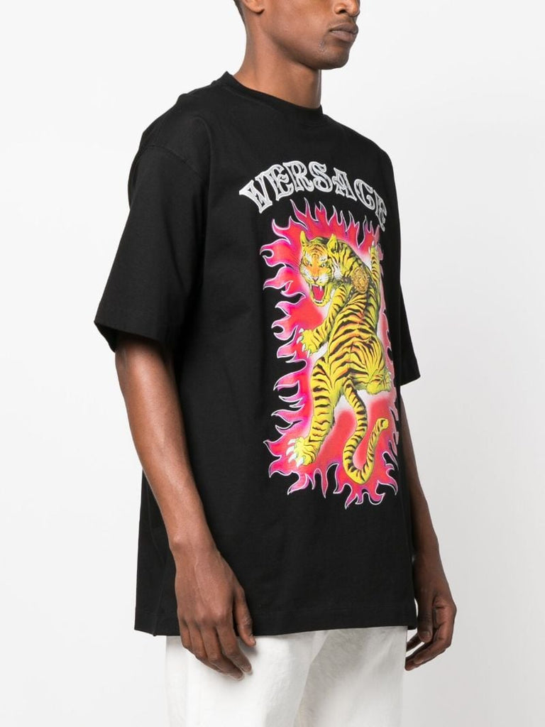 Black Tiger Print Cotton T-shirt