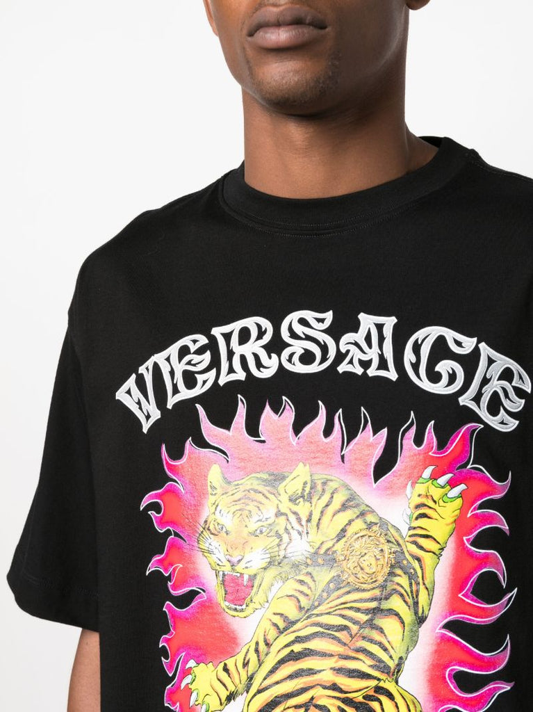 Black Tiger Print Cotton T-shirt