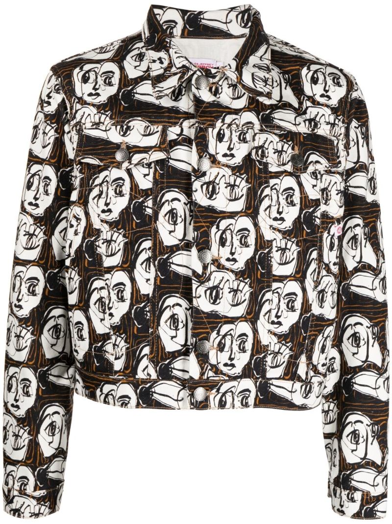 Black Art Face Print Denim Jacket