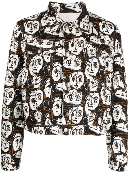 Black Art Face Print Denim Jacket