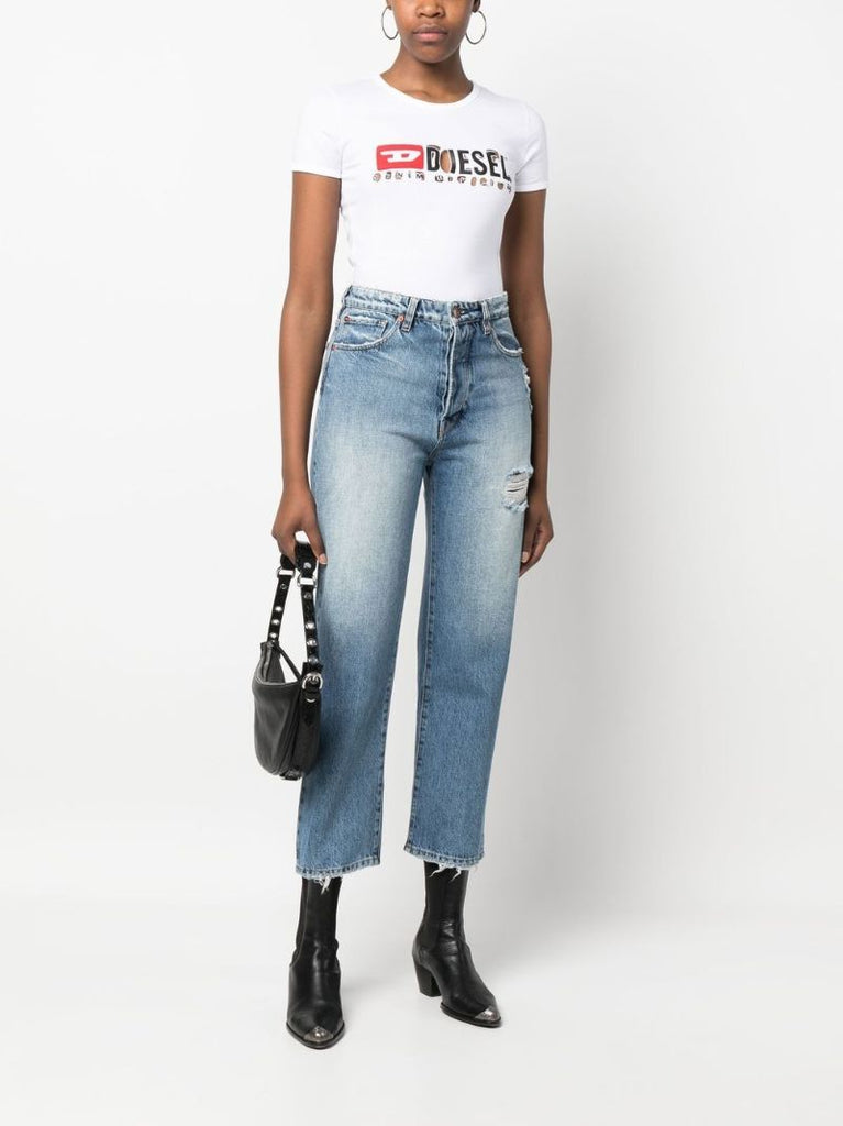 White Distressed Logo-print T-shirt