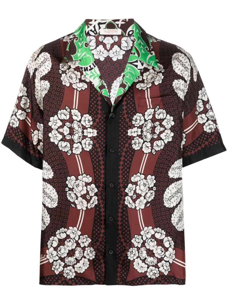Brown Floral Print Silk Bowling Shirt