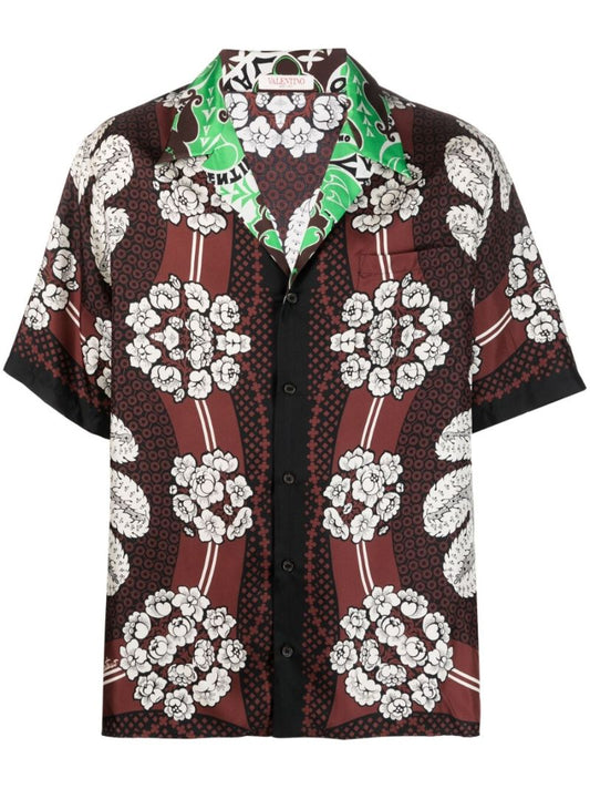 Brown Floral Print Silk Bowling Shirt