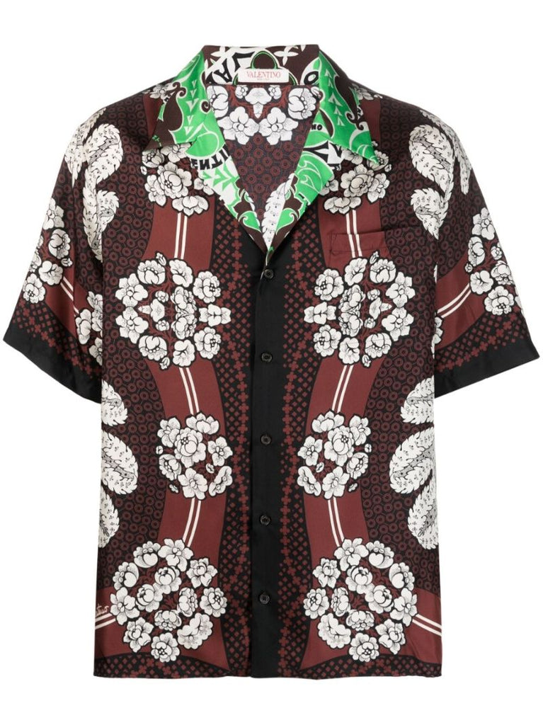 Brown Floral Print Silk Bowling Shirt