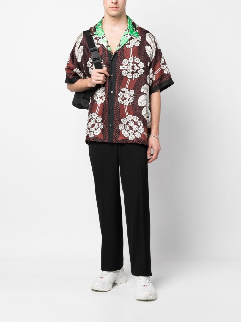 Brown Floral Print Silk Bowling Shirt