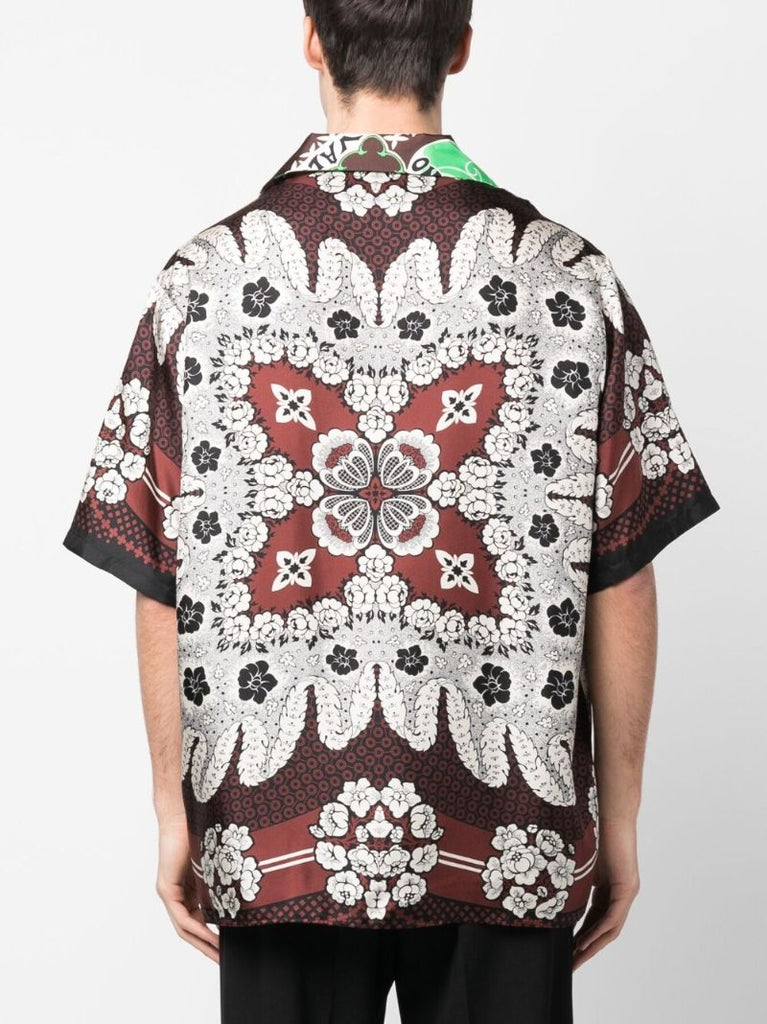 Brown Floral Print Silk Bowling Shirt