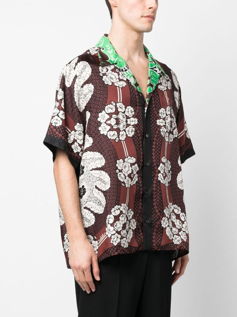 Brown Floral Print Silk Bowling Shirt