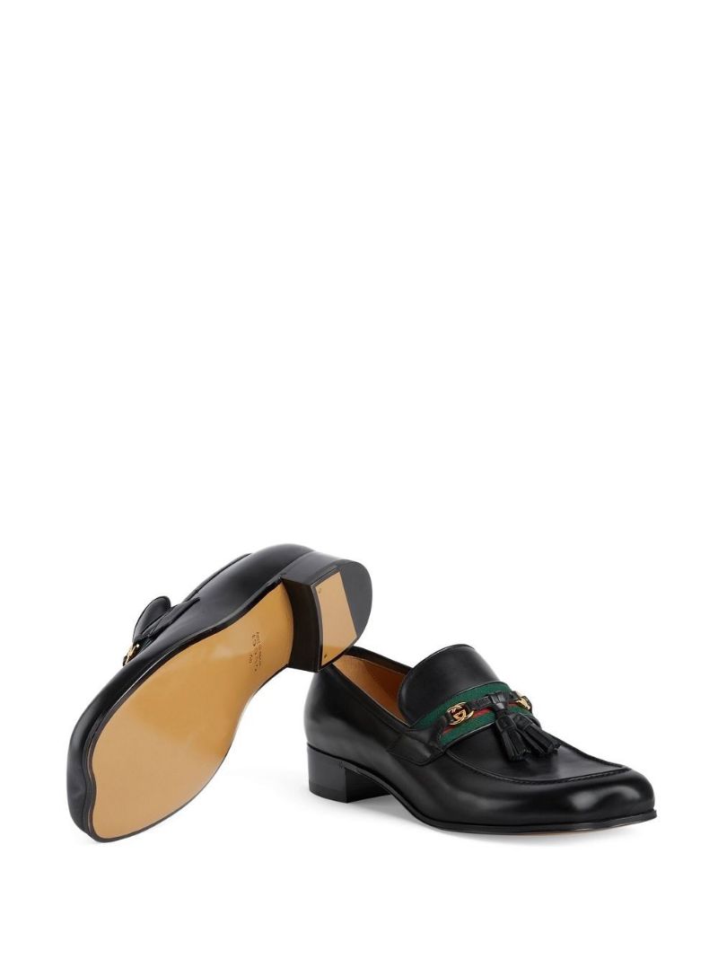 Black Web Stripe Leather Loafers