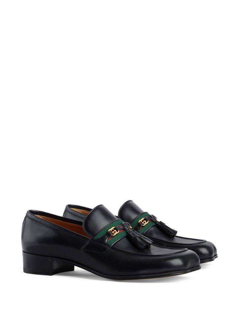 Black Web Stripe Leather Loafers